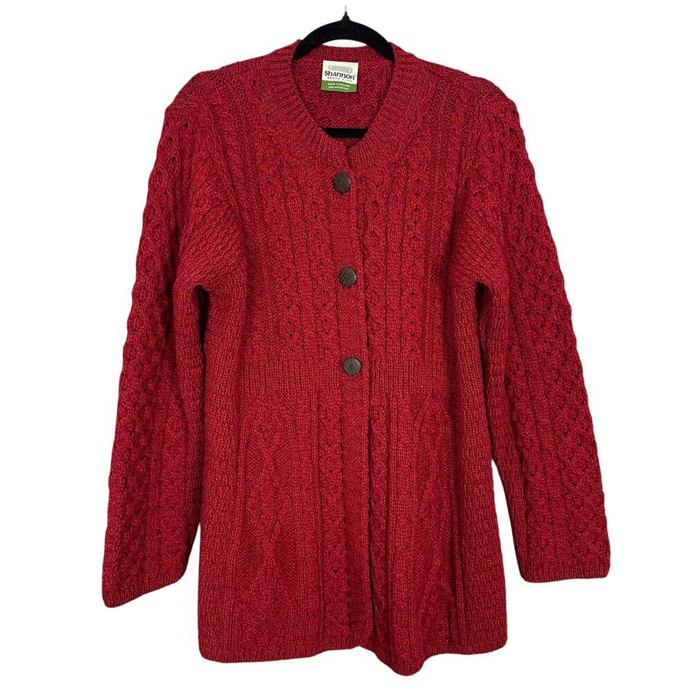 Shannon Woolen Mills Cardigan Sweater Red Button Front Fisherman Cable XL